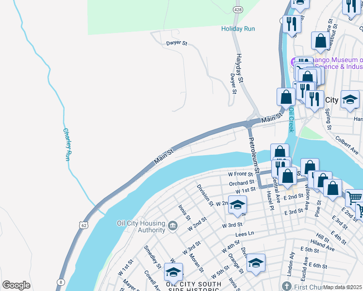 map of restaurants, bars, coffee shops, grocery stores, and more near 21 Seneca Street in Oil City