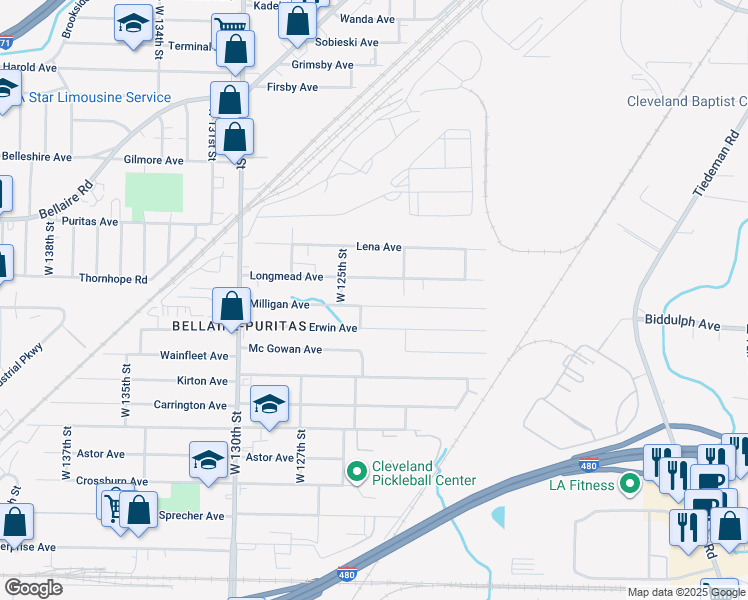 map of restaurants, bars, coffee shops, grocery stores, and more near 12212 Milligan Avenue in Cleveland