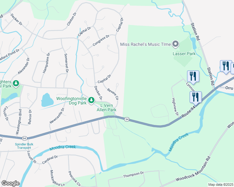 map of restaurants, bars, coffee shops, grocery stores, and more near 40 Revere Circle in Washingtonville