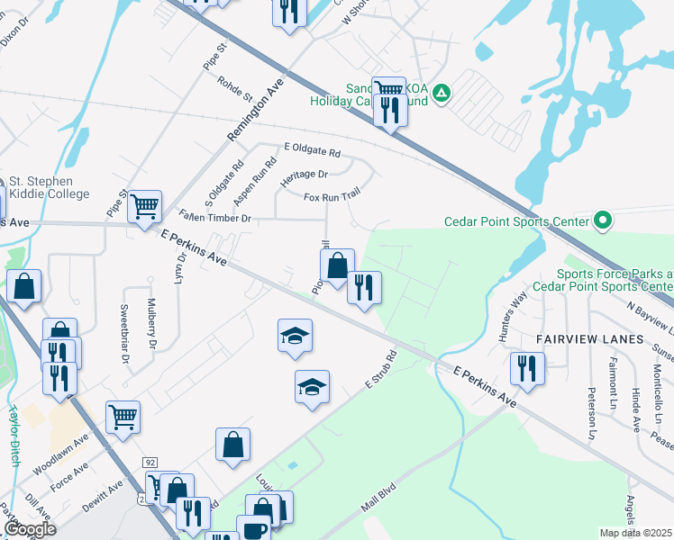 map of restaurants, bars, coffee shops, grocery stores, and more near 2612 Pioneer Trail in Sandusky