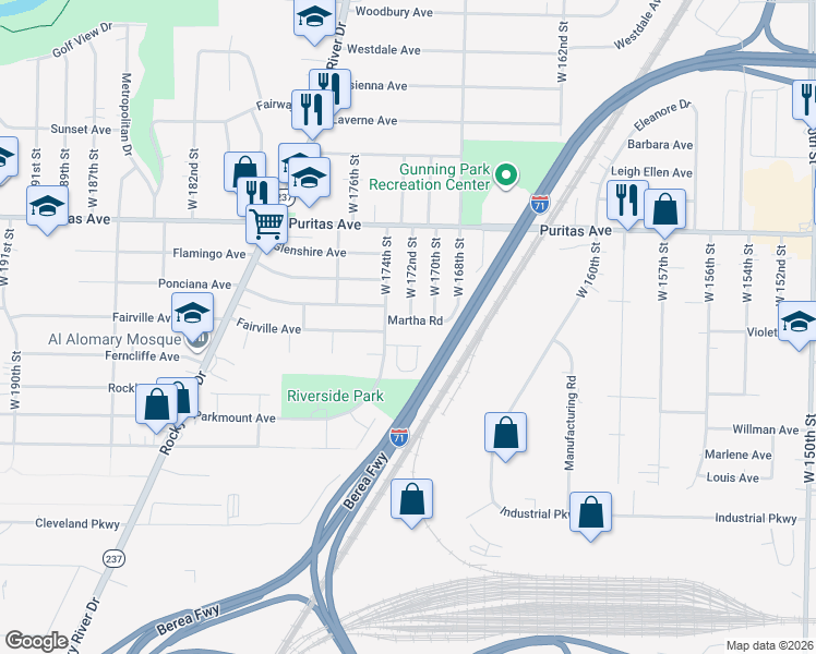 map of restaurants, bars, coffee shops, grocery stores, and more near 4532 West 172nd Street in Cleveland