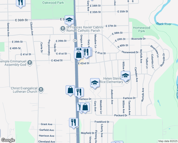 map of restaurants, bars, coffee shops, grocery stores, and more near 2270 East 42nd Street in Lorain