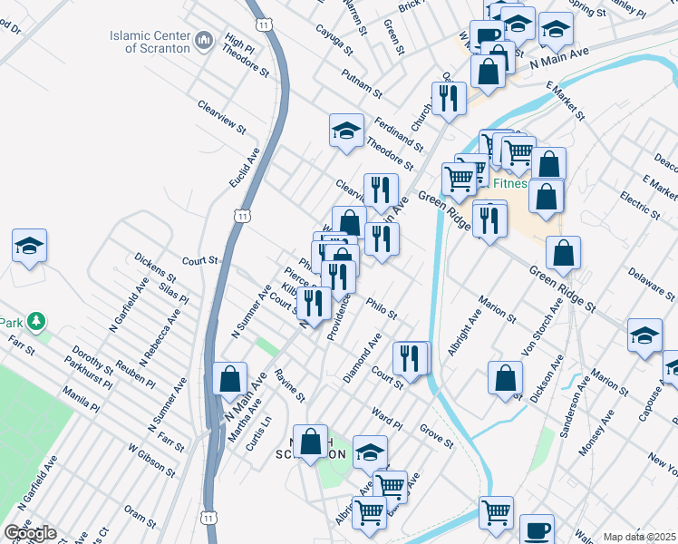 map of restaurants, bars, coffee shops, grocery stores, and more near 134 Bullshead Court in Scranton