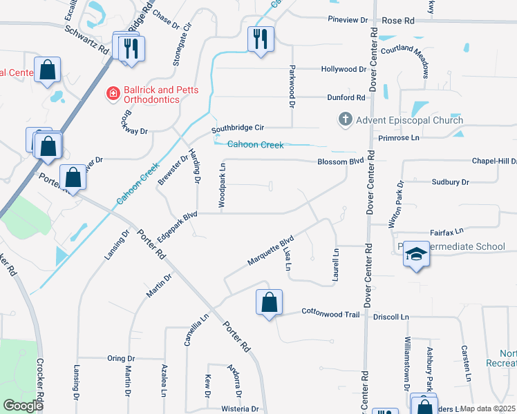 map of restaurants, bars, coffee shops, grocery stores, and more near 27842 Edgepark Boulevard in North Olmsted