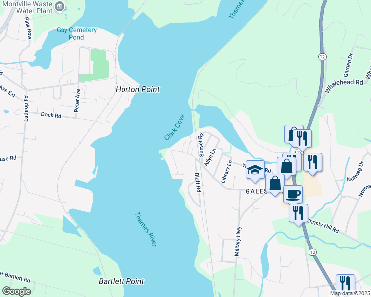 map of restaurants, bars, coffee shops, grocery stores, and more near 58 Hurlbutt Road in Ledyard