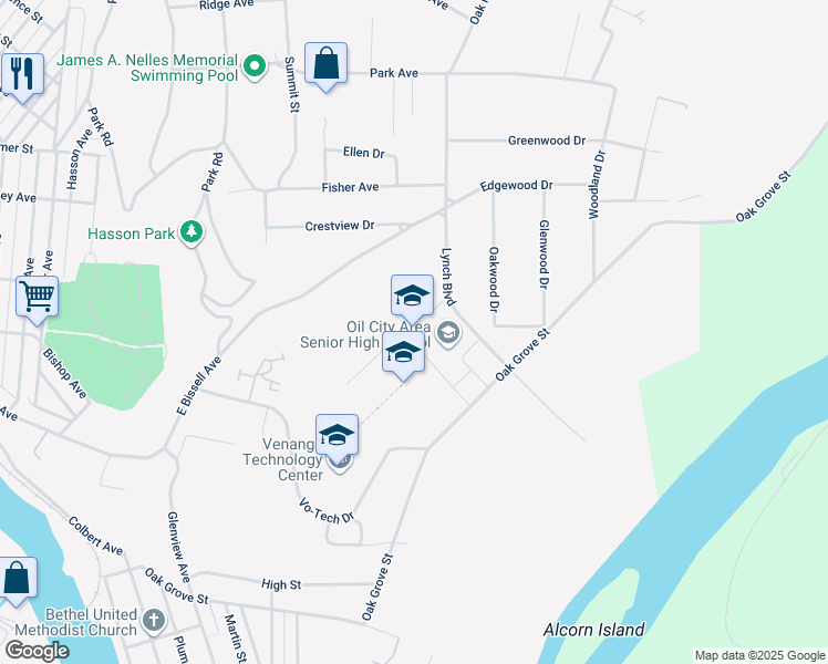 map of restaurants, bars, coffee shops, grocery stores, and more near 8 Lynch Boulevard in Oil City