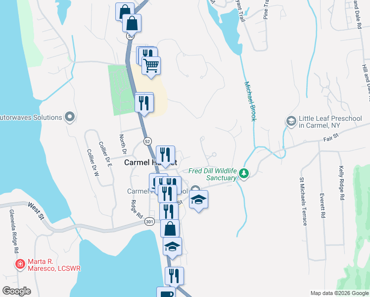 map of restaurants, bars, coffee shops, grocery stores, and more near 8 Garrett Place in Carmel Hamlet