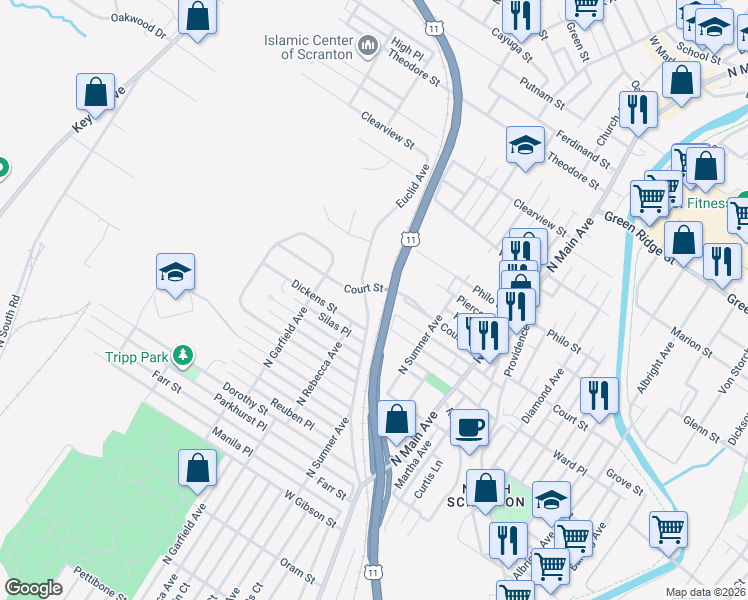 map of restaurants, bars, coffee shops, grocery stores, and more near 1400 Euclid Avenue in Scranton