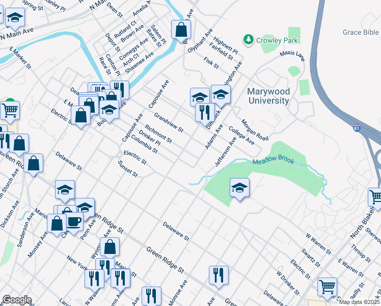map of restaurants, bars, coffee shops, grocery stores, and more near 2001 North Washington Avenue in Scranton