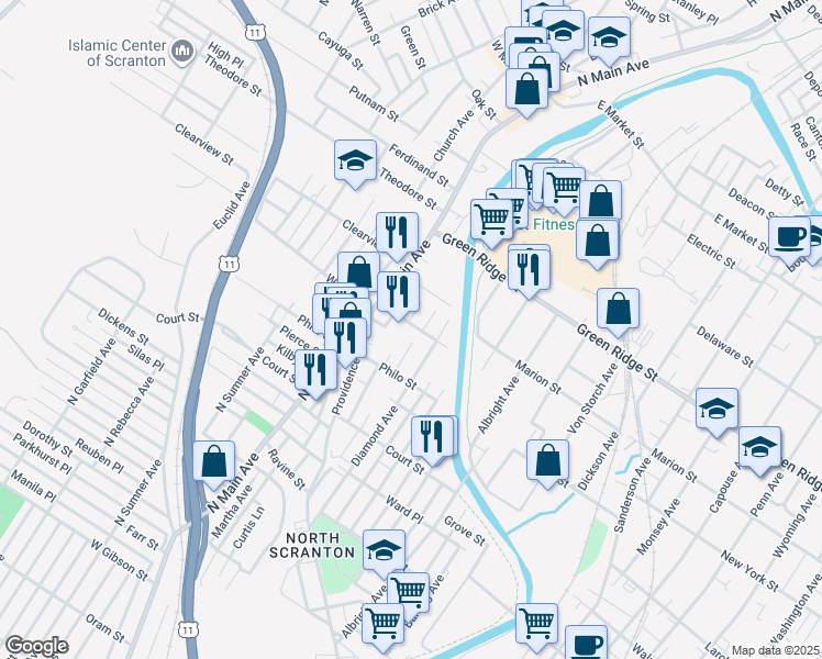 map of restaurants, bars, coffee shops, grocery stores, and more near 1016 Wood Street in Scranton