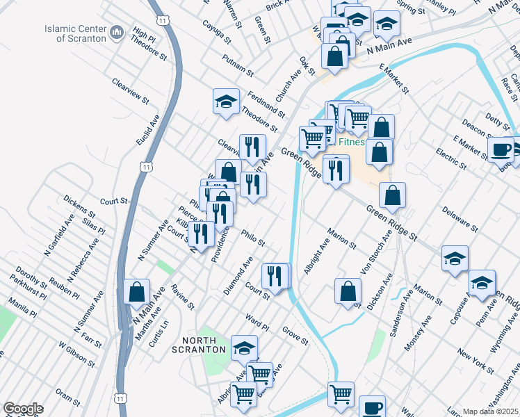map of restaurants, bars, coffee shops, grocery stores, and more near 1016 Wood Street in Scranton