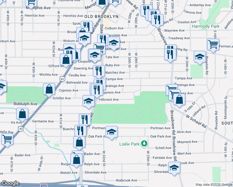 map of restaurants, bars, coffee shops, grocery stores, and more near 3201 Saratoga Avenue in Cleveland