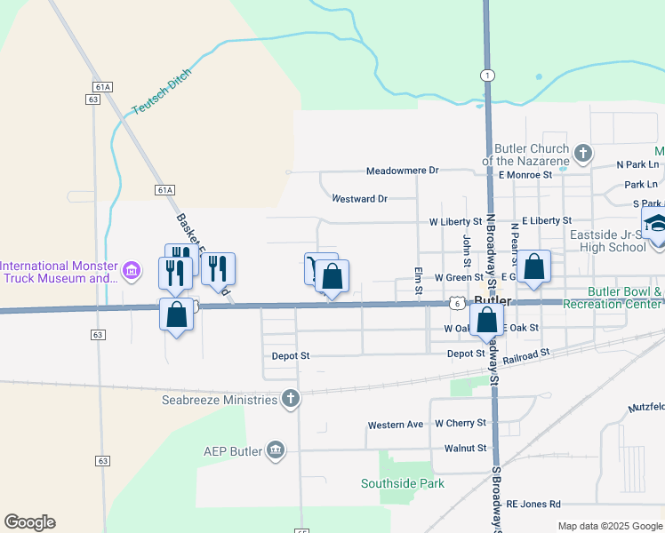 map of restaurants, bars, coffee shops, grocery stores, and more near 303 High Street in Butler