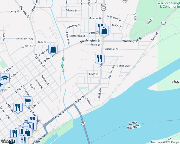map of restaurants, bars, coffee shops, grocery stores, and more near 1401 East 5th Street in Muscatine