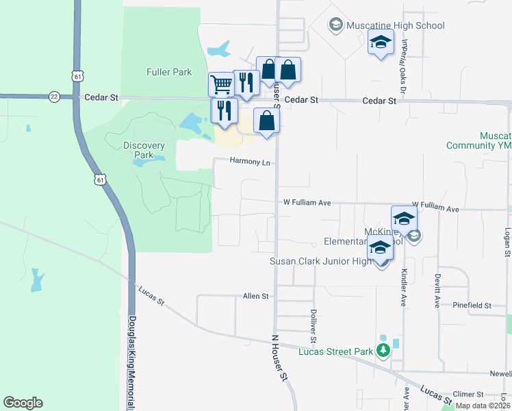 map of restaurants, bars, coffee shops, grocery stores, and more near 3005 West Fulliam Avenue in Muscatine
