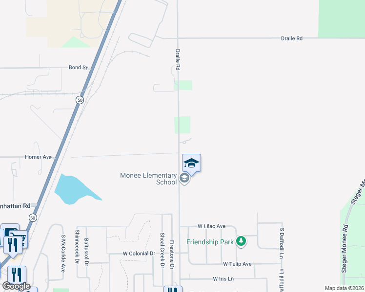 map of restaurants, bars, coffee shops, grocery stores, and more near 25241 South Will Center Road in Monee