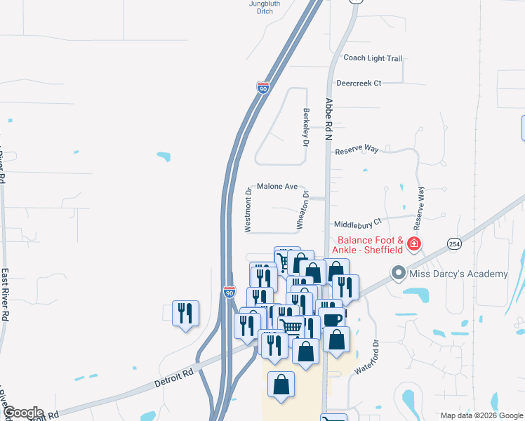 map of restaurants, bars, coffee shops, grocery stores, and more near 4375 Westmont Drive in Sheffield