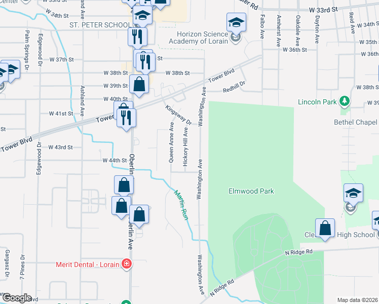 map of restaurants, bars, coffee shops, grocery stores, and more near 4301 Hickory Hill Avenue in Lorain