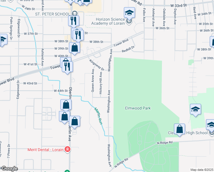 map of restaurants, bars, coffee shops, grocery stores, and more near 4301 Hickory Hill Avenue in Lorain