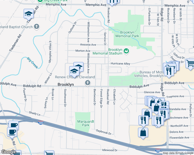 map of restaurants, bars, coffee shops, grocery stores, and more near 4581 Bentwood Drive in Brooklyn
