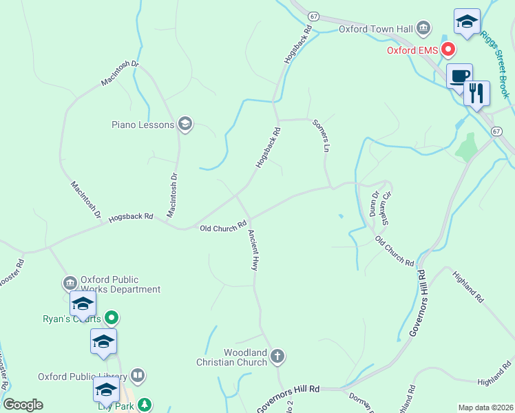 map of restaurants, bars, coffee shops, grocery stores, and more near 81 Hogs Back Road in Oxford