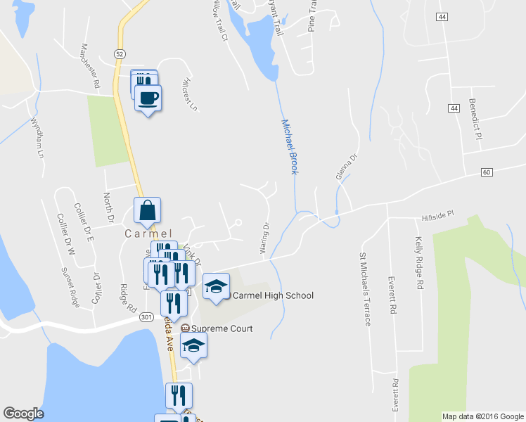 map of restaurants, bars, coffee shops, grocery stores, and more near 33 Waring Drive in Carmel