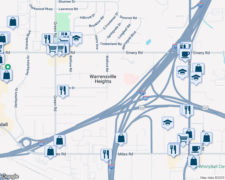map of restaurants, bars, coffee shops, grocery stores, and more near 4765 Walford Road in Warrensville Heights