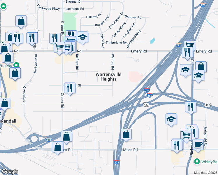 map of restaurants, bars, coffee shops, grocery stores, and more near 4738 Walford Road in Warrensville Heights