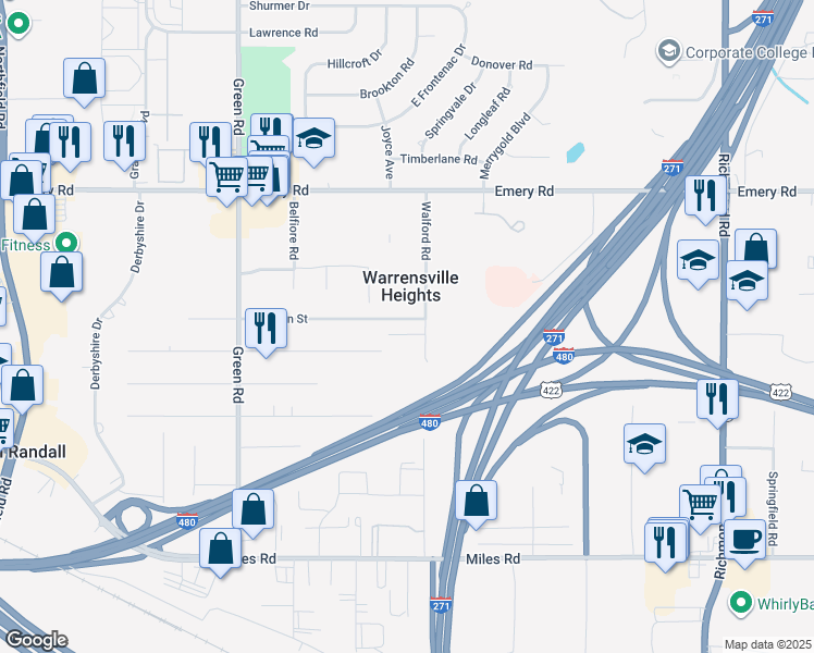 map of restaurants, bars, coffee shops, grocery stores, and more near 4738 Walford Road in Warrensville Heights
