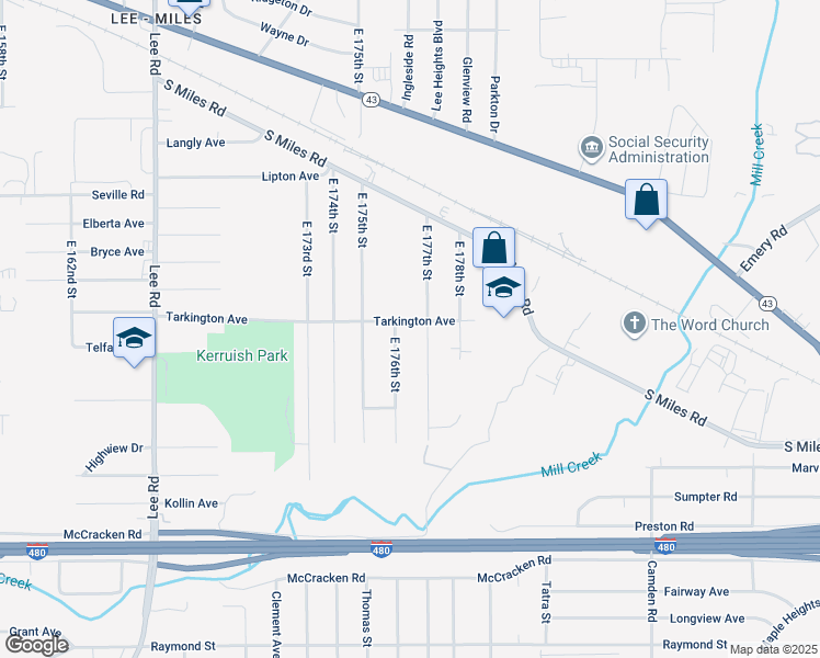 map of restaurants, bars, coffee shops, grocery stores, and more near 17609 Tarkington Avenue in Cleveland