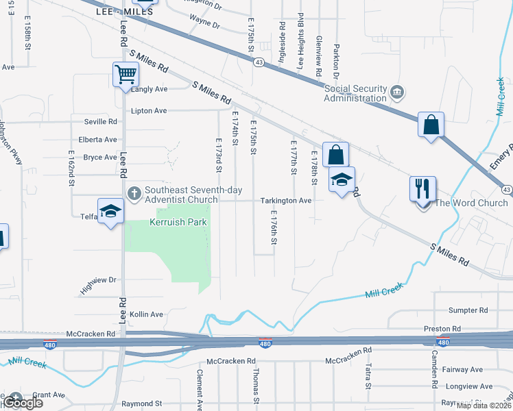 map of restaurants, bars, coffee shops, grocery stores, and more near 17501 Tarkington Avenue in Cleveland