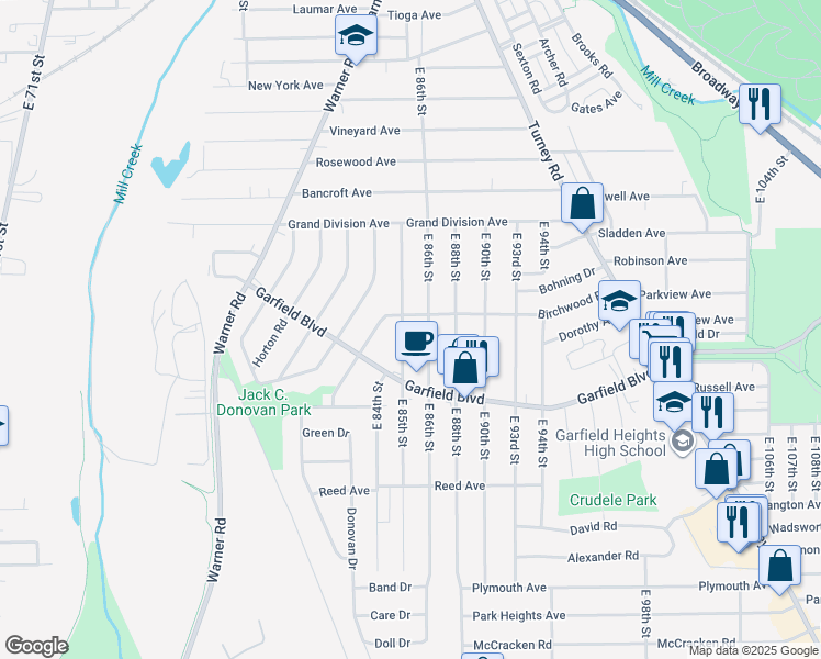 map of restaurants, bars, coffee shops, grocery stores, and more near 4705 East 85th Street in Garfield Heights