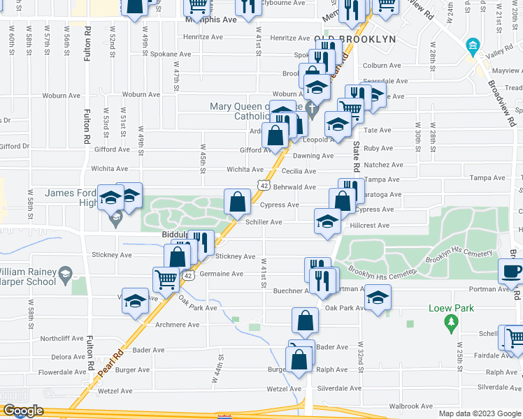 map of restaurants, bars, coffee shops, grocery stores, and more near 4026 Cypress Avenue in Cleveland