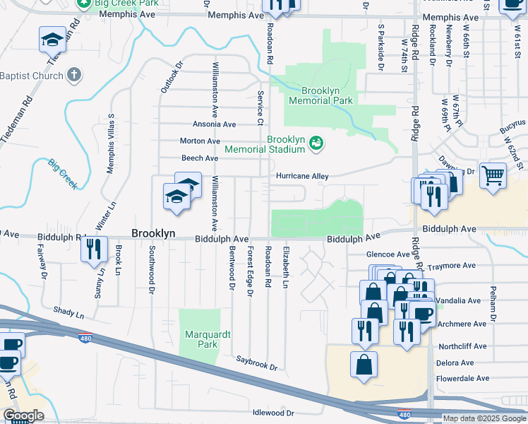 map of restaurants, bars, coffee shops, grocery stores, and more near 4599 Roadoan Road in Brooklyn