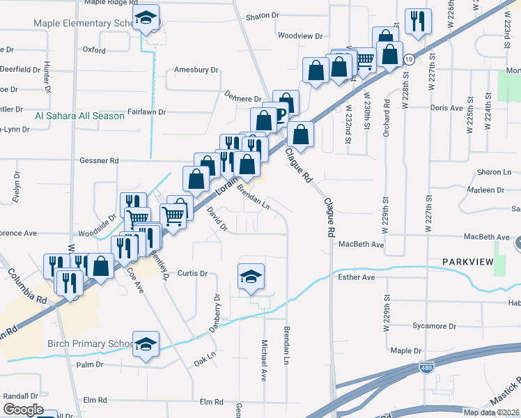 map of restaurants, bars, coffee shops, grocery stores, and more near 3817 Brendan Lane in North Olmsted