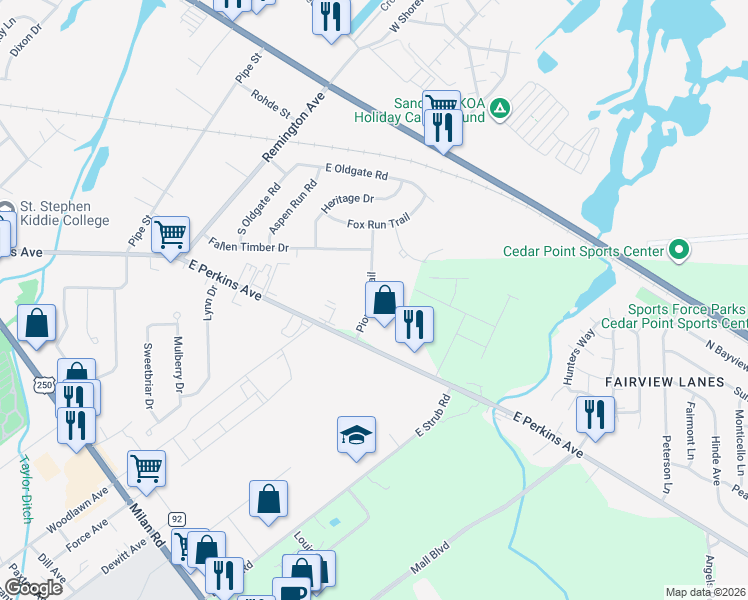 map of restaurants, bars, coffee shops, grocery stores, and more near 2612 Pioneer Trail in Sandusky