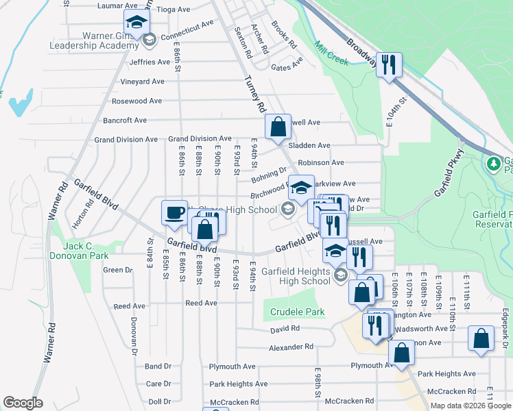map of restaurants, bars, coffee shops, grocery stores, and more near 9418 Birchwood Road in Garfield Heights