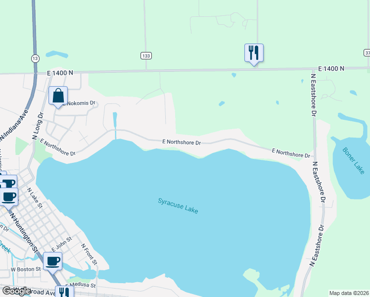 map of restaurants, bars, coffee shops, grocery stores, and more near 1037-1043 East Northshore Drive in Syracuse