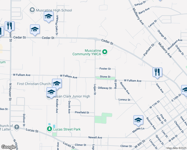 map of restaurants, bars, coffee shops, grocery stores, and more near 1600 Logan Street in Muscatine