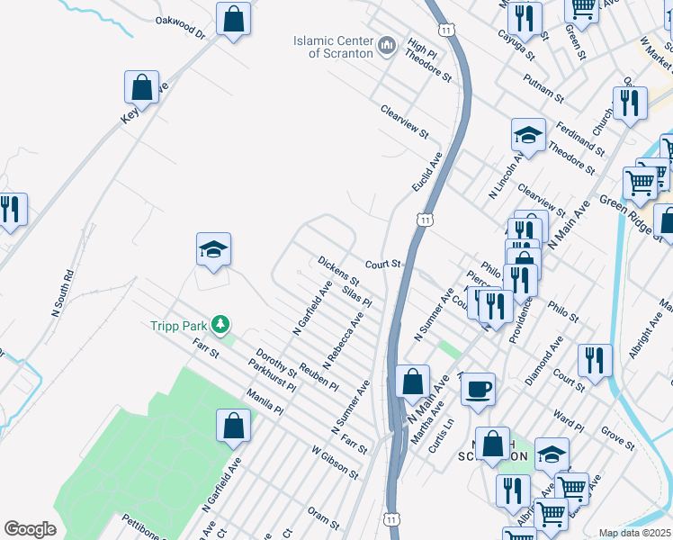 map of restaurants, bars, coffee shops, grocery stores, and more near Dickens Street in Scranton