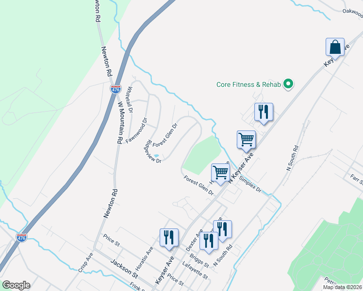 map of restaurants, bars, coffee shops, grocery stores, and more near 33 Forest Glen Dr in Scranton