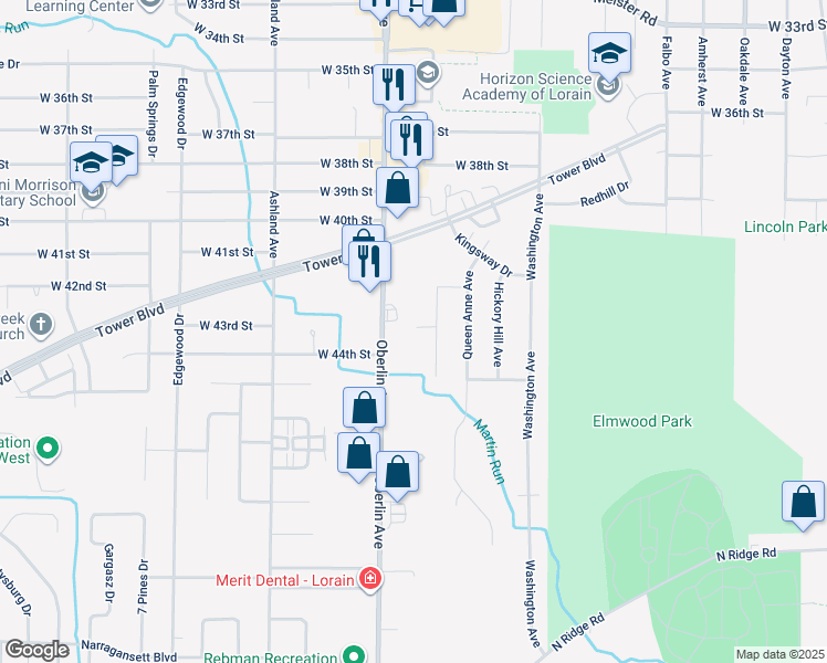 map of restaurants, bars, coffee shops, grocery stores, and more near 4240 Princess Anne Court in Lorain