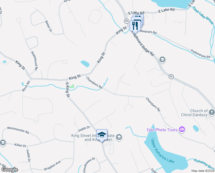 map of restaurants, bars, coffee shops, grocery stores, and more near 133 Chambers Road in Danbury