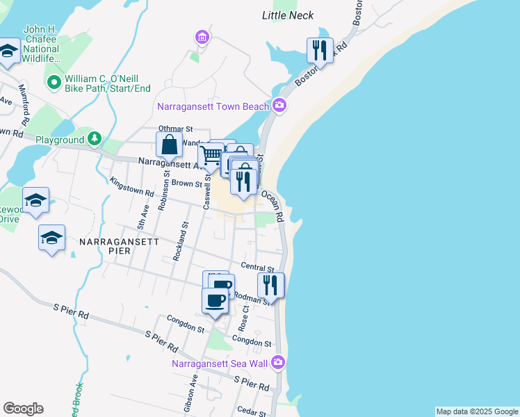 map of restaurants, bars, coffee shops, grocery stores, and more near 15 Memorial Square in Narragansett