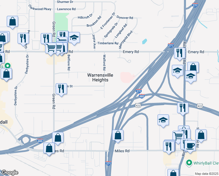 map of restaurants, bars, coffee shops, grocery stores, and more near 4765 Walford Rd in Warrensville Heights