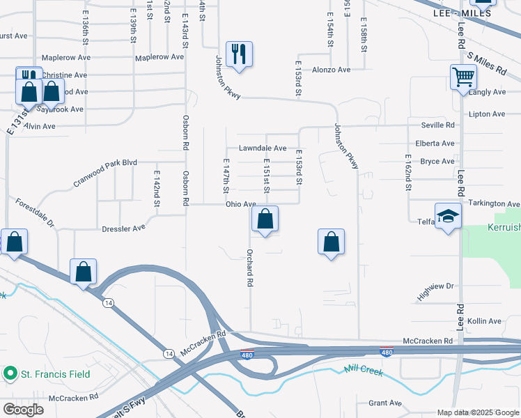 map of restaurants, bars, coffee shops, grocery stores, and more near 14917 Ohio Avenue in Cleveland