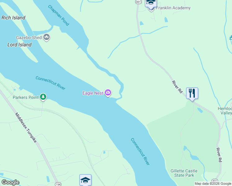 map of restaurants, bars, coffee shops, grocery stores, and more near 89 River Road in East Haddam