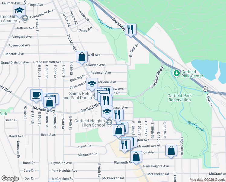 map of restaurants, bars, coffee shops, grocery stores, and more near 9915 Greenview Avenue in Garfield Heights