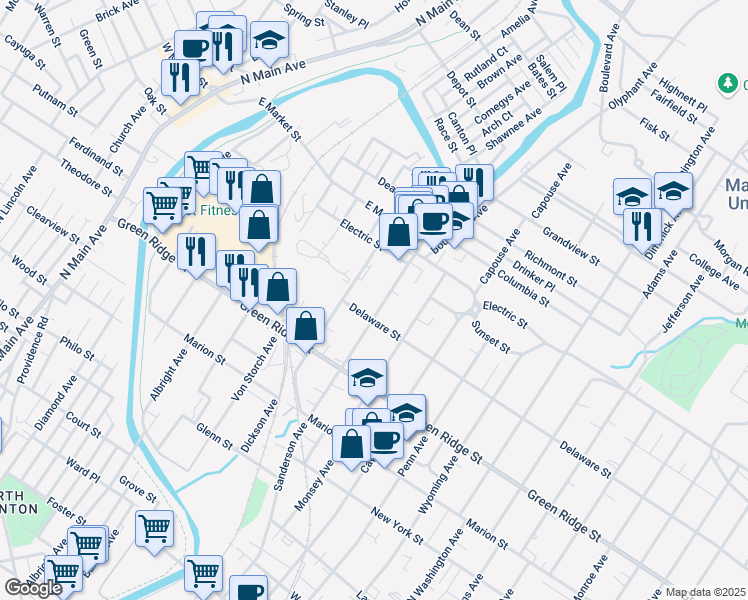 map of restaurants, bars, coffee shops, grocery stores, and more near 1735 Sanderson Avenue in Scranton