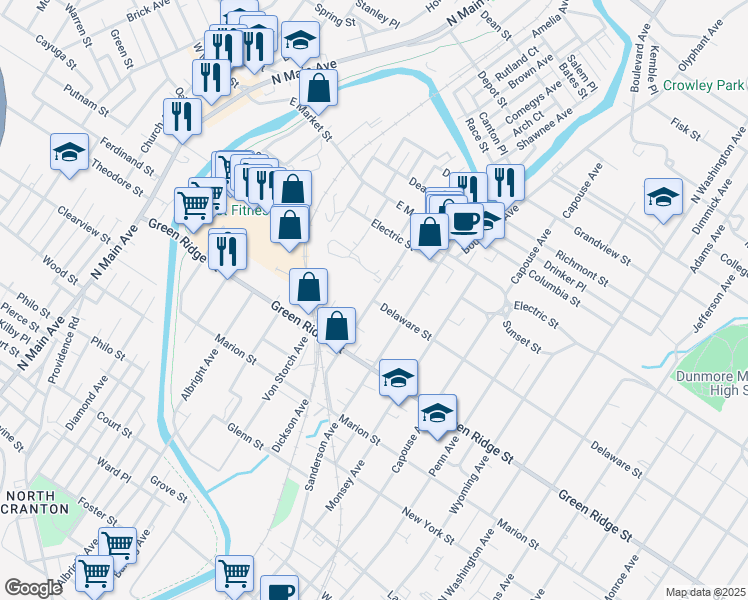 map of restaurants, bars, coffee shops, grocery stores, and more near 1712 Dickson Avenue in Scranton